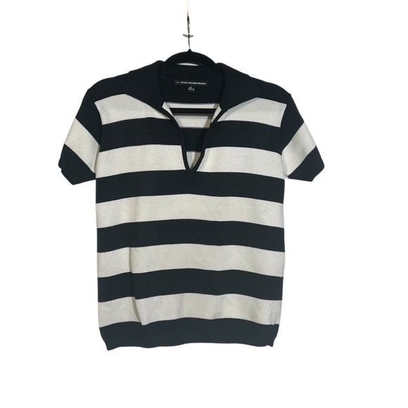 ELLEN TRACY Open Neck Polo Striped Short Sleeve Navy and White Size Small - Picture 1 of 5